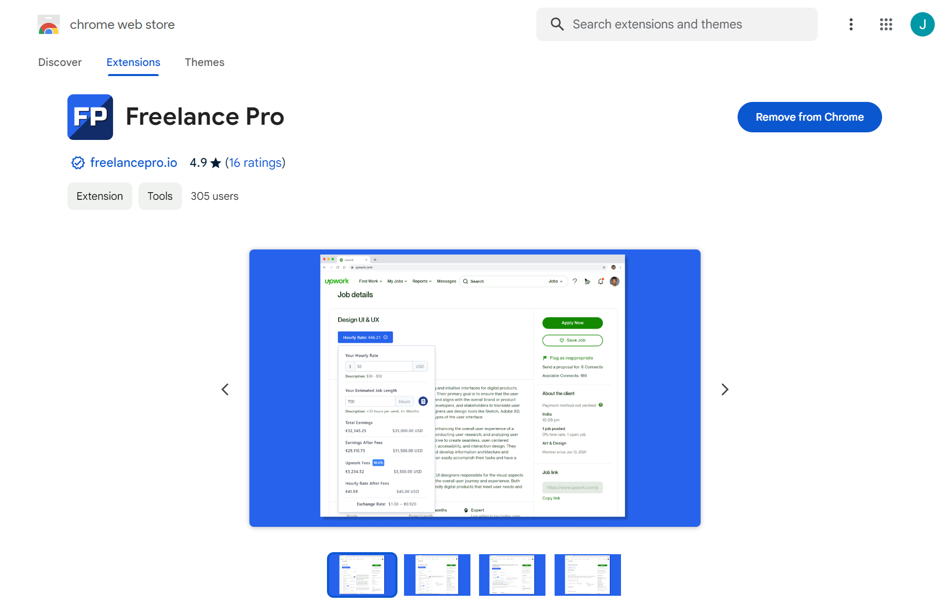 The image is a screenshot of the Chrome Web Store listing for a Chrome extension named "Freelance Pro." The listing features the Freelance Pro logo and indicates that the extension has a rating of 4.9 stars from 16 ratings.