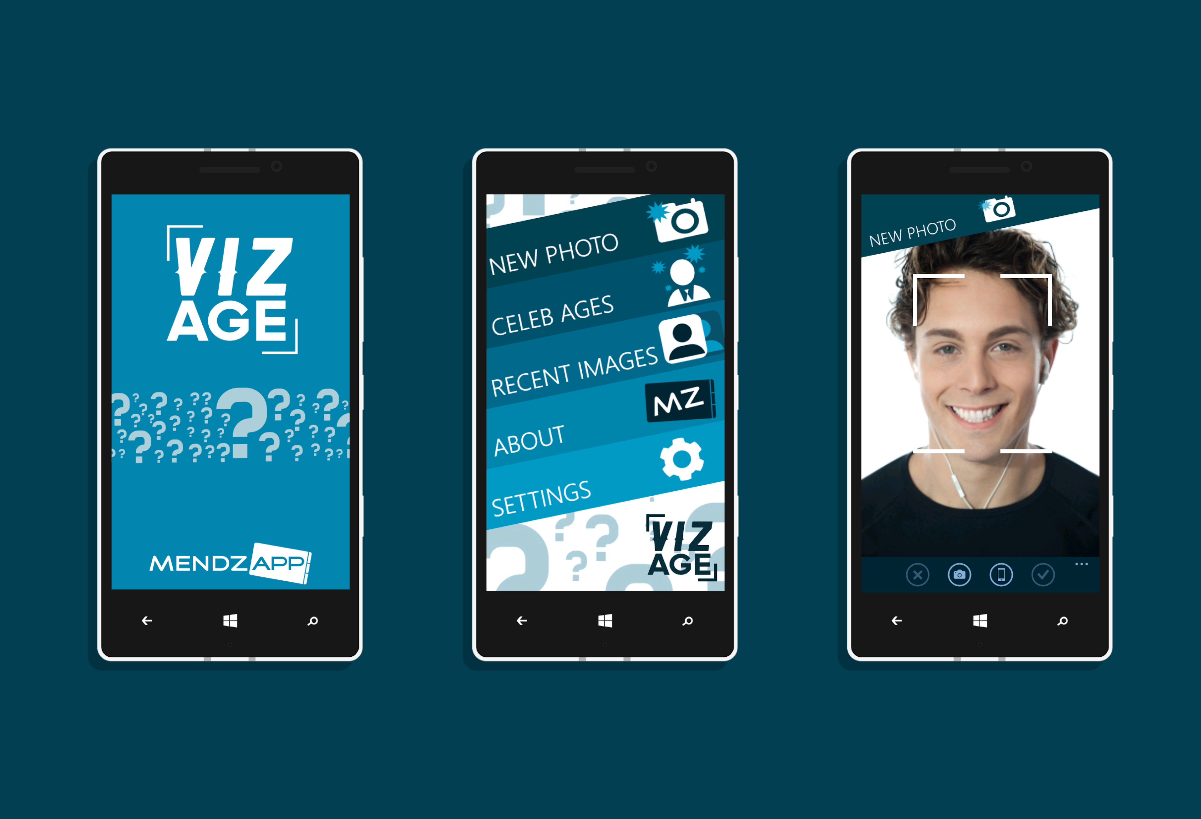 The VizAge app running on three Windows Phone devices
