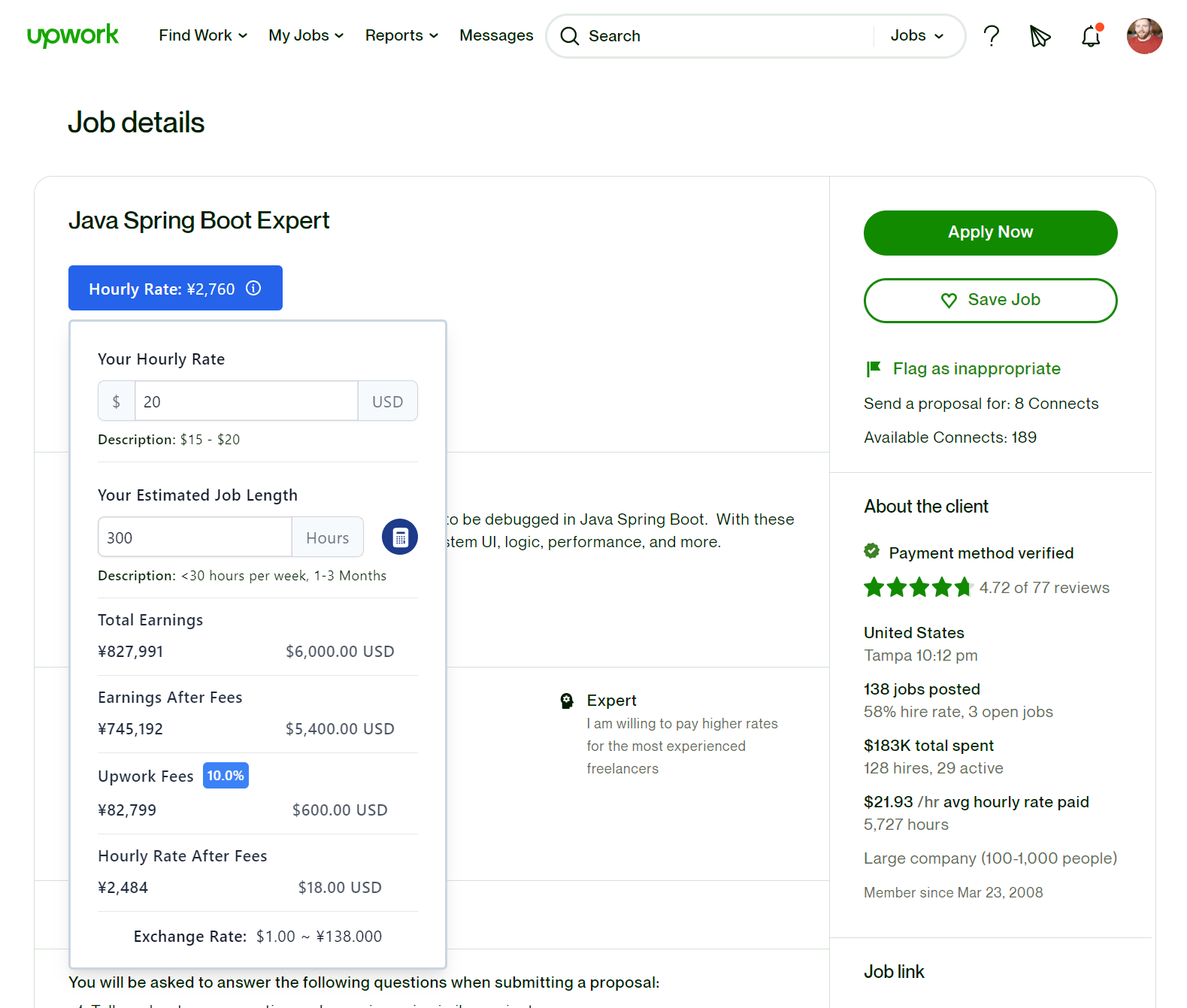 The image is a screenshot of an Upwork job listing page with the Freelance Pro Chrome Extension interface displaying an enhanced view of a job titled "Java Spring Boot Expert." The Freelance Pro extension adds a detailed breakdown of the job's financial aspects in both USD and Japanese Yen (¥).