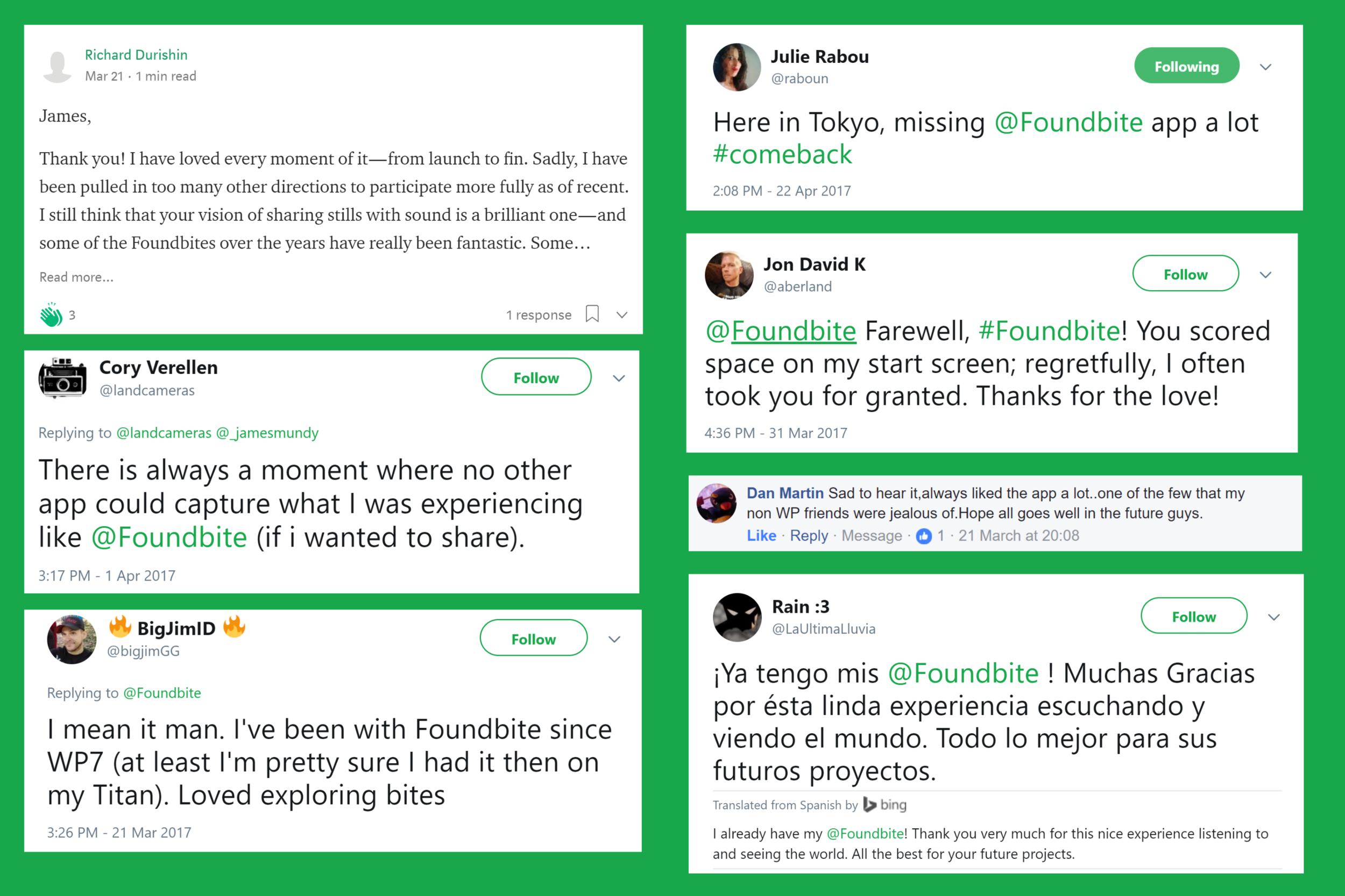 An image of tweets from Foundbite Users