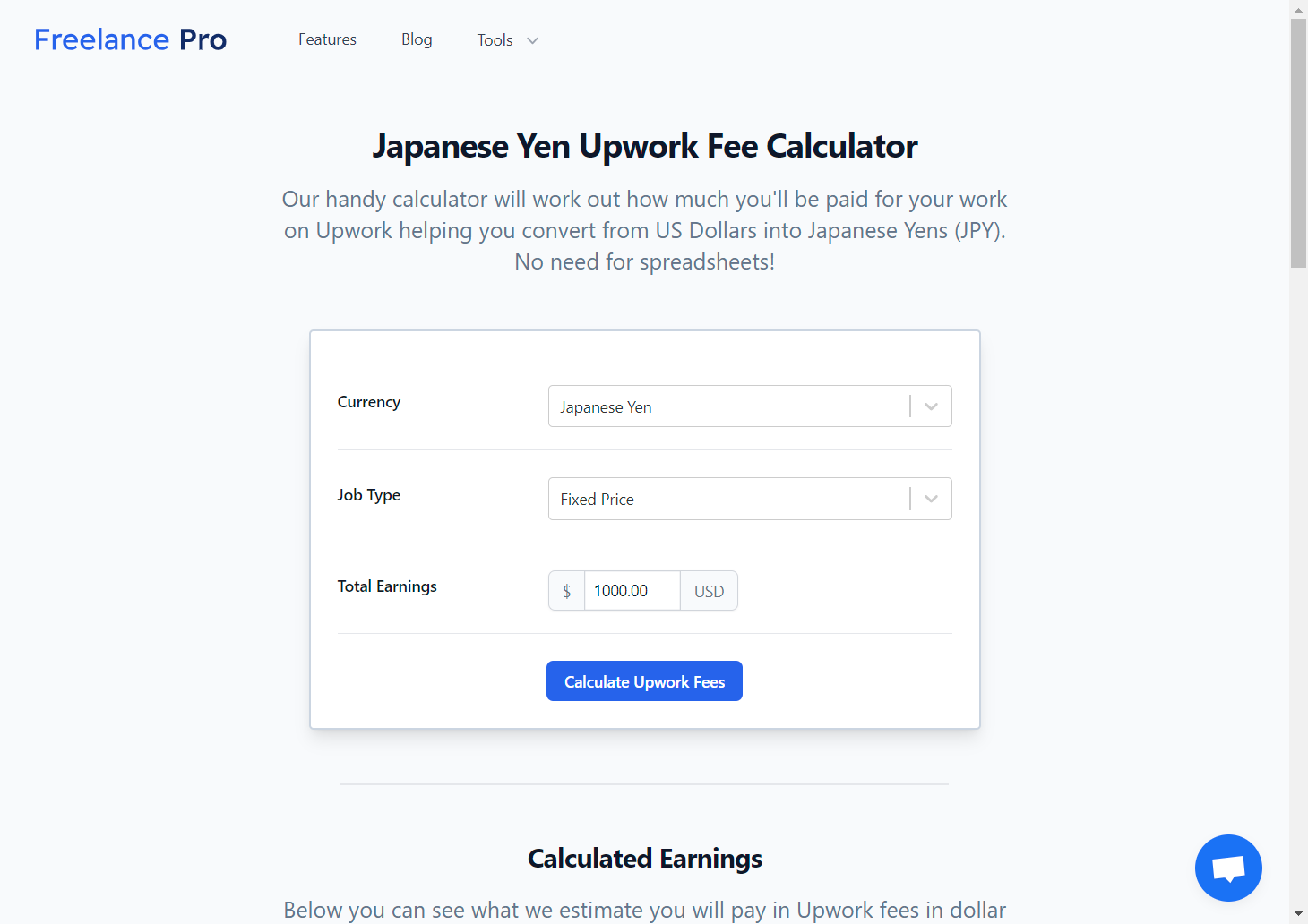 The image is a screenshot of a webpage titled "Freelance Pro Japanese Yen Upwork Fee Calculator". It presents an online calculator designed to help users determine how much they will be paid for their work on Upwork by converting US Dollars into Japanese Yen (JPY), indicating a tool to assist with currency conversion and fee calculations without the need for manual spreadsheets.